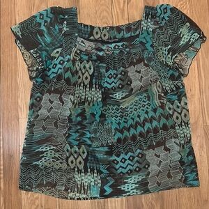 🚨Zac & Rachel Women’s Teal and Brown Short Sleeve Blouse with Wood Detail PXL